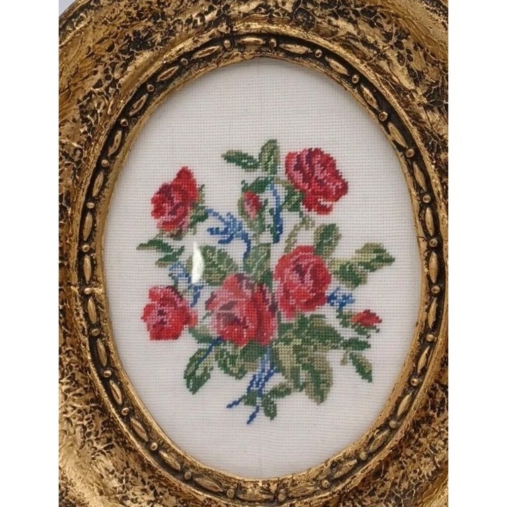 Set 2 Framed Floral Embroidery Wiehler Gobelin Flower Roses Violets In A Basket - Picture 4 of 9